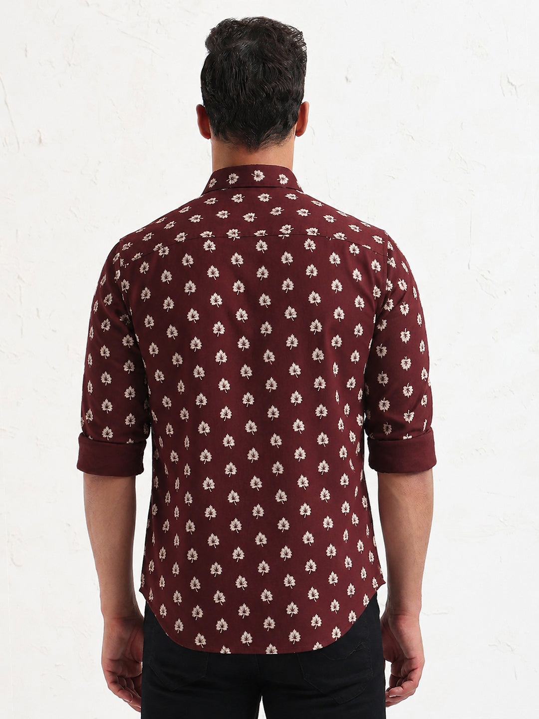 Men's Printed Brown Spread Collar with Long Sleeves Slim Fit Shirt