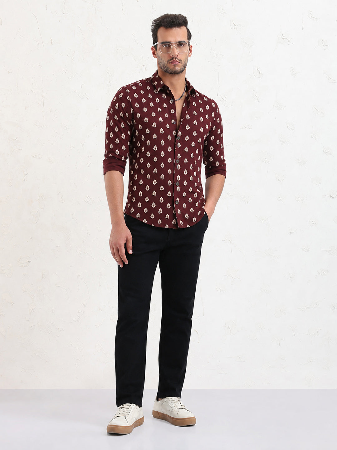 Men's Printed Brown Spread Collar with Long Sleeves Slim Fit Shirt