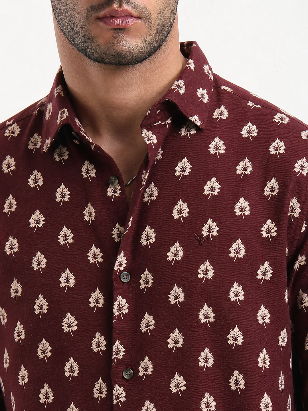 Men's Printed Brown Spread Collar with Long Sleeves Slim Fit Shirt