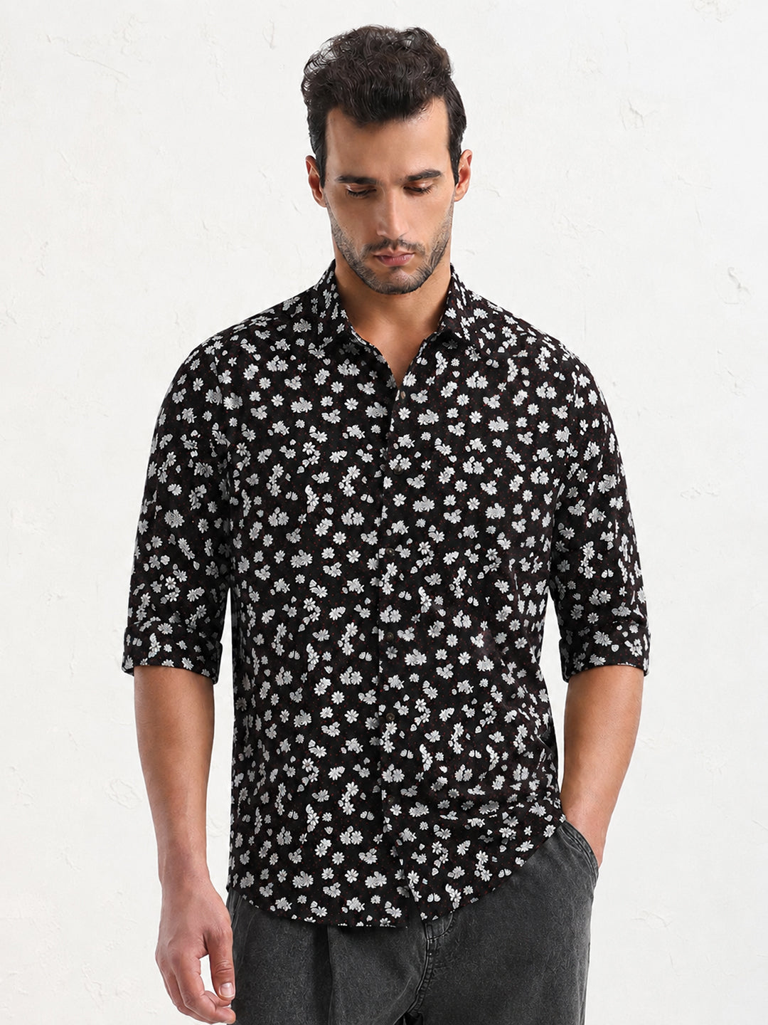 Men’s Floral Printed Black Slim Fit Long Sleeves Shirt with Spread Collar