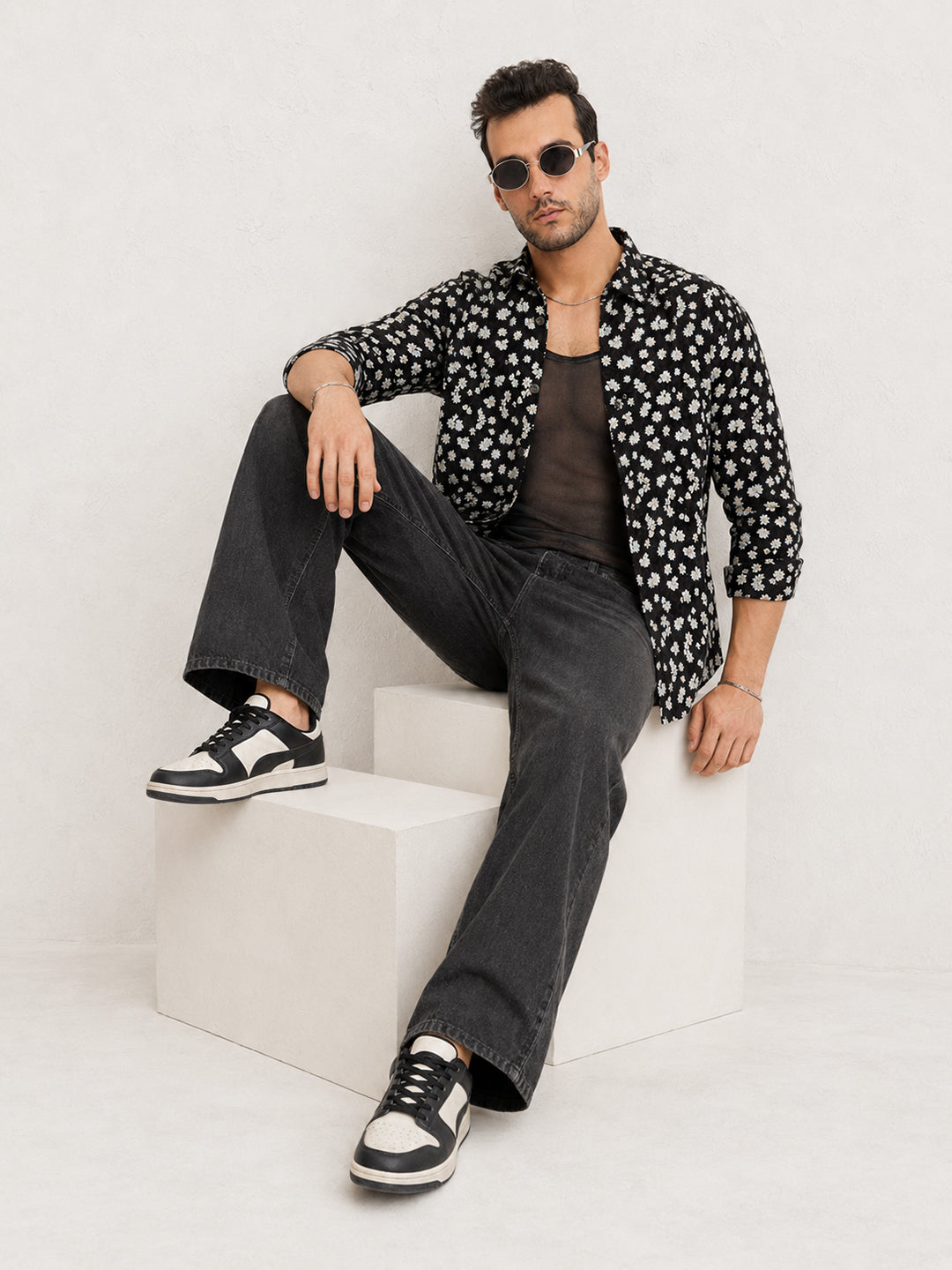 Men’s Floral Printed Black Slim Fit Long Sleeves Shirt with Spread Collar