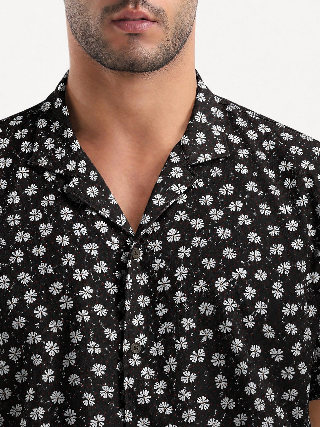 Men’s Floral Printed Black Slim Fit Long Sleeves Shirt with Spread Collar