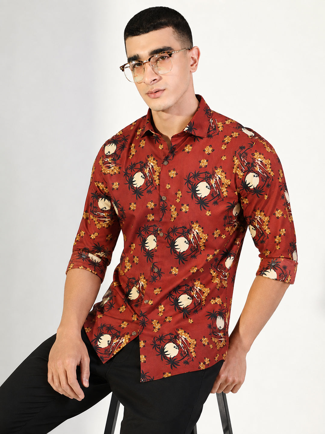 Men's Floral Printed Orange Long Sleeves Shirt with Spread Collar