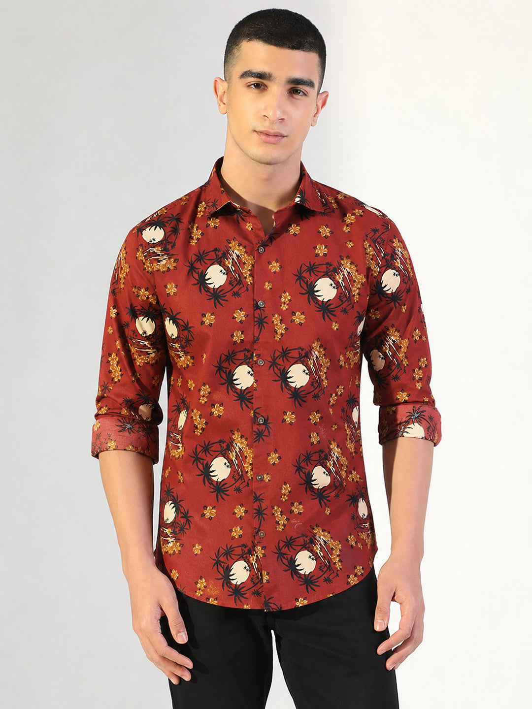 Men's Floral Printed Orange Long Sleeves Shirt with Spread Collar