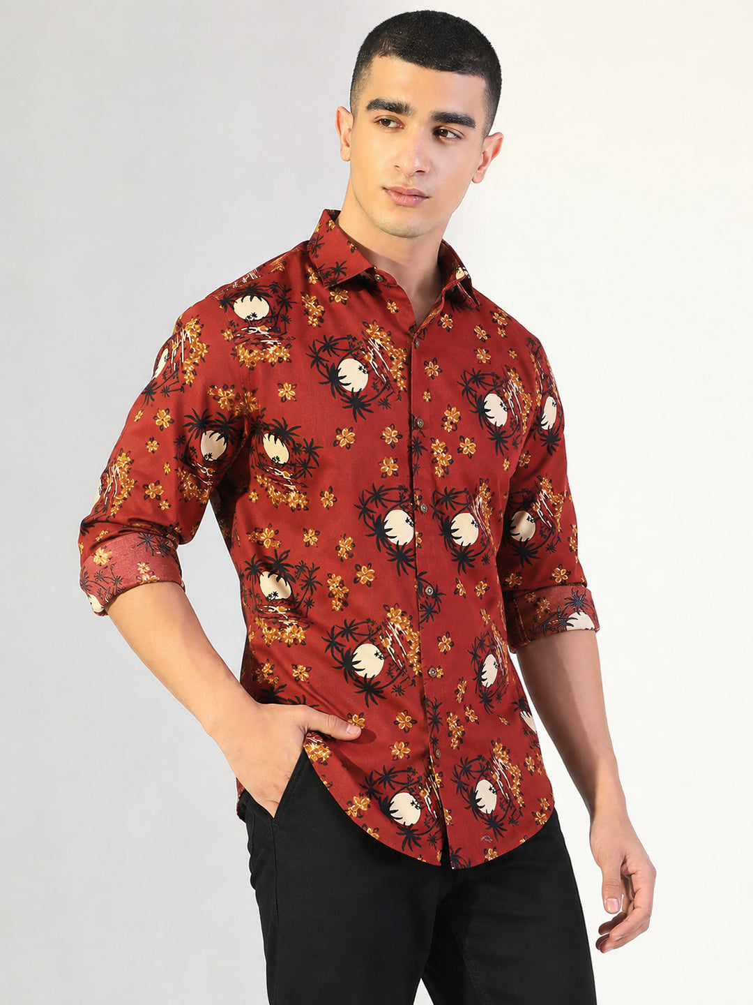 Men's Floral Printed Orange Long Sleeves Shirt with Spread Collar