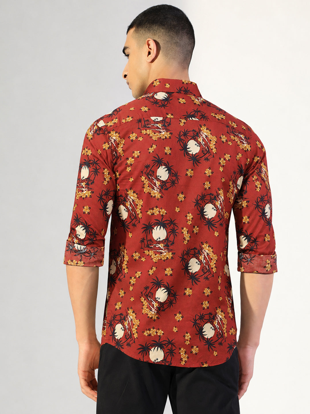 Men's Floral Printed Orange Long Sleeves Shirt with Spread Collar
