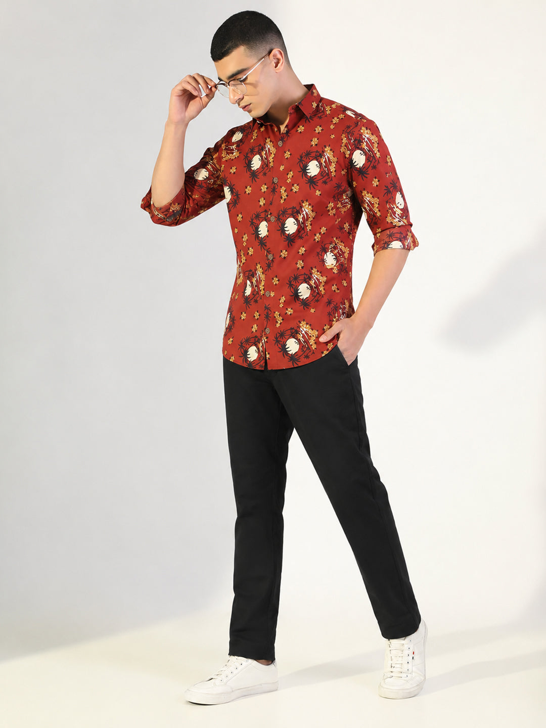 Men's Floral Printed Orange Long Sleeves Shirt with Spread Collar