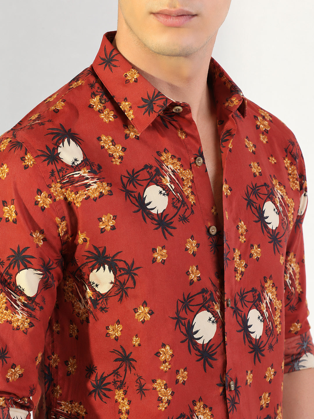 Men's Floral Printed Orange Long Sleeves Shirt with Spread Collar
