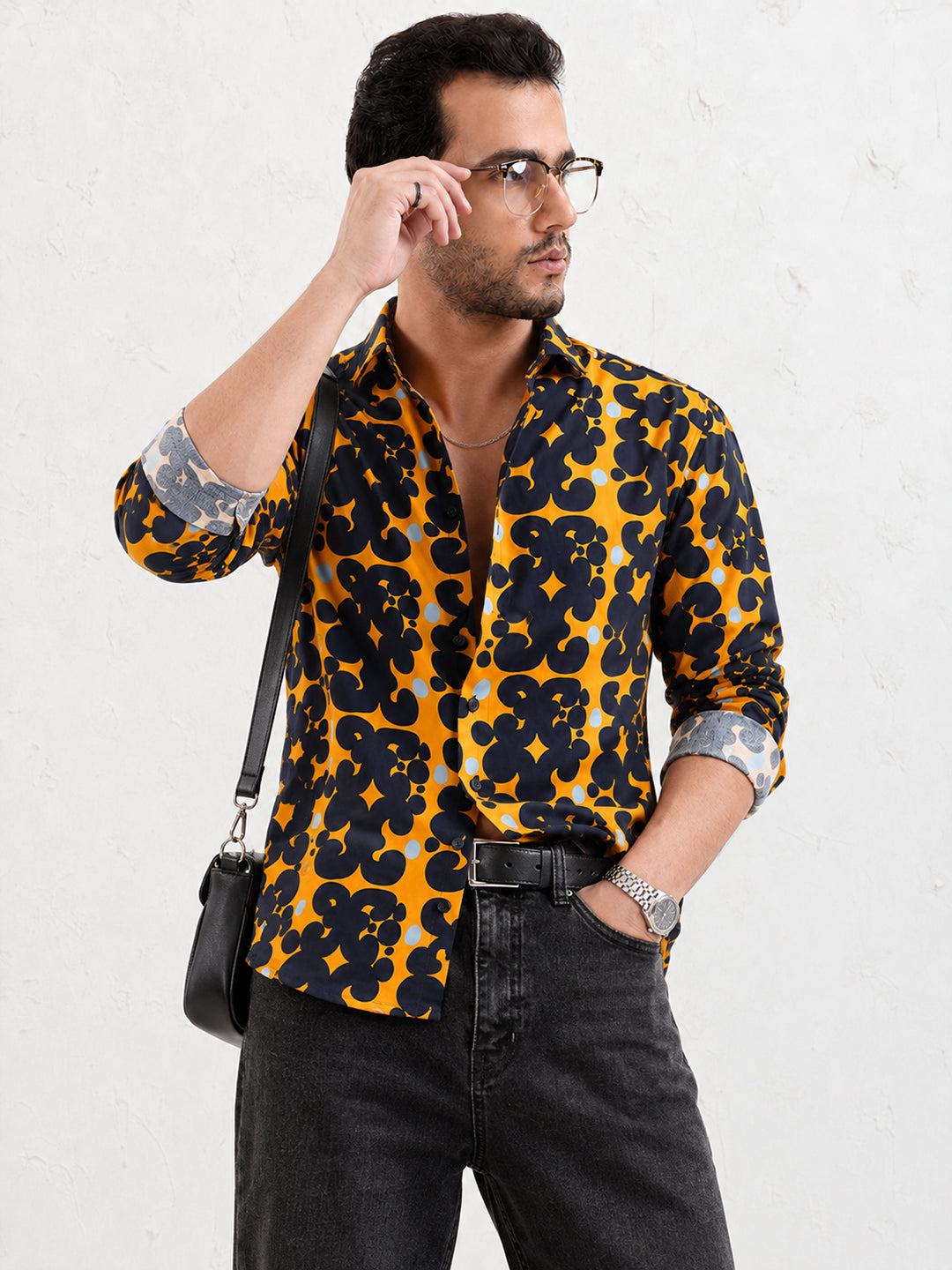 Men’s Abstract Printed Orange Slim Fit Long Sleeves Shirt with Spread Collar