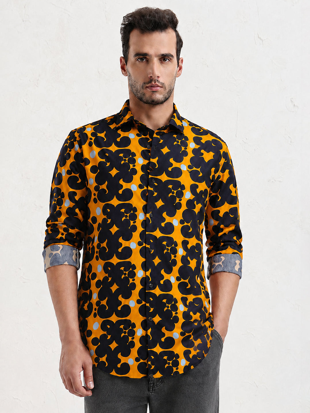 Men’s Abstract Printed Orange Slim Fit Long Sleeves Shirt with Spread Collar