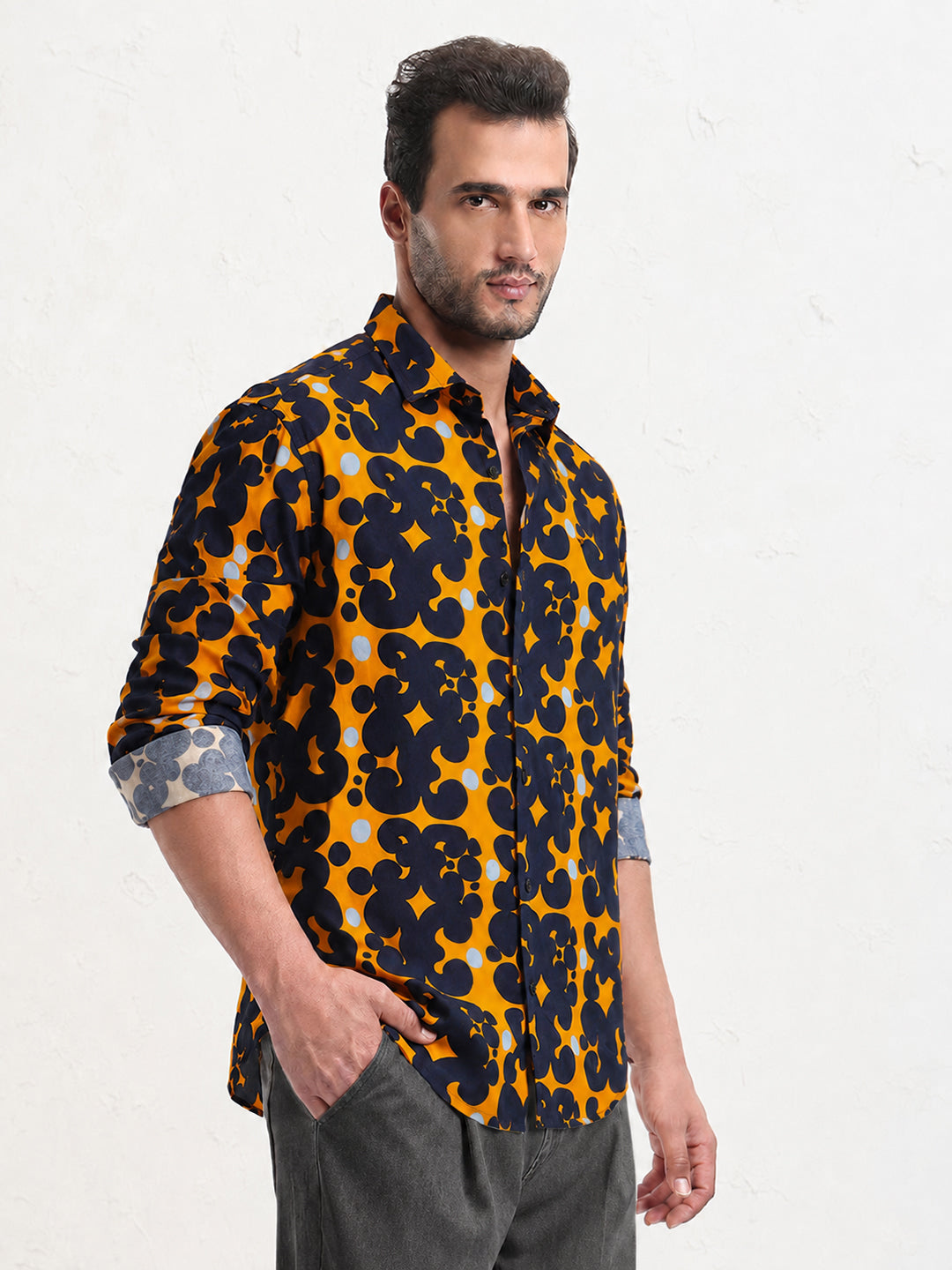 Men’s Abstract Printed Orange Slim Fit Long Sleeves Shirt with Spread Collar
