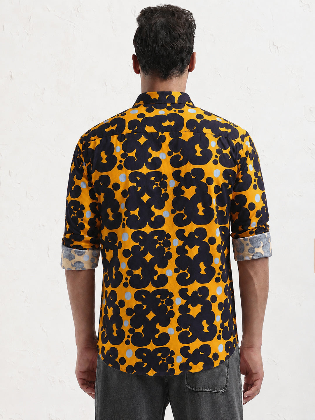 Men’s Abstract Printed Orange Slim Fit Long Sleeves Shirt with Spread Collar