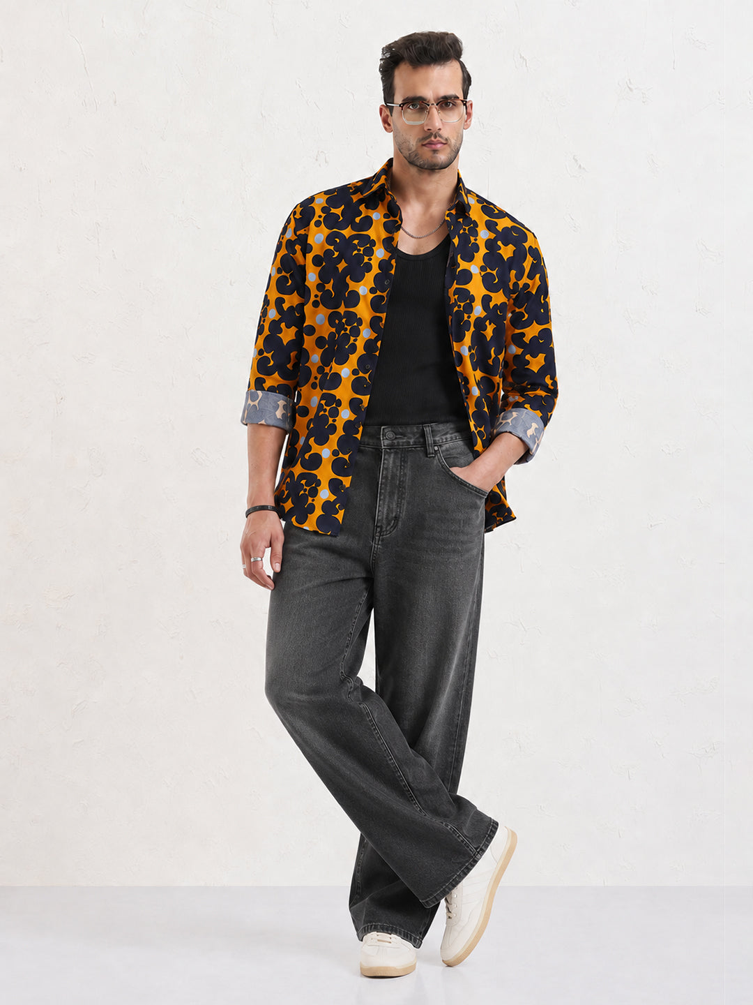 Men’s Abstract Printed Orange Slim Fit Long Sleeves Shirt with Spread Collar