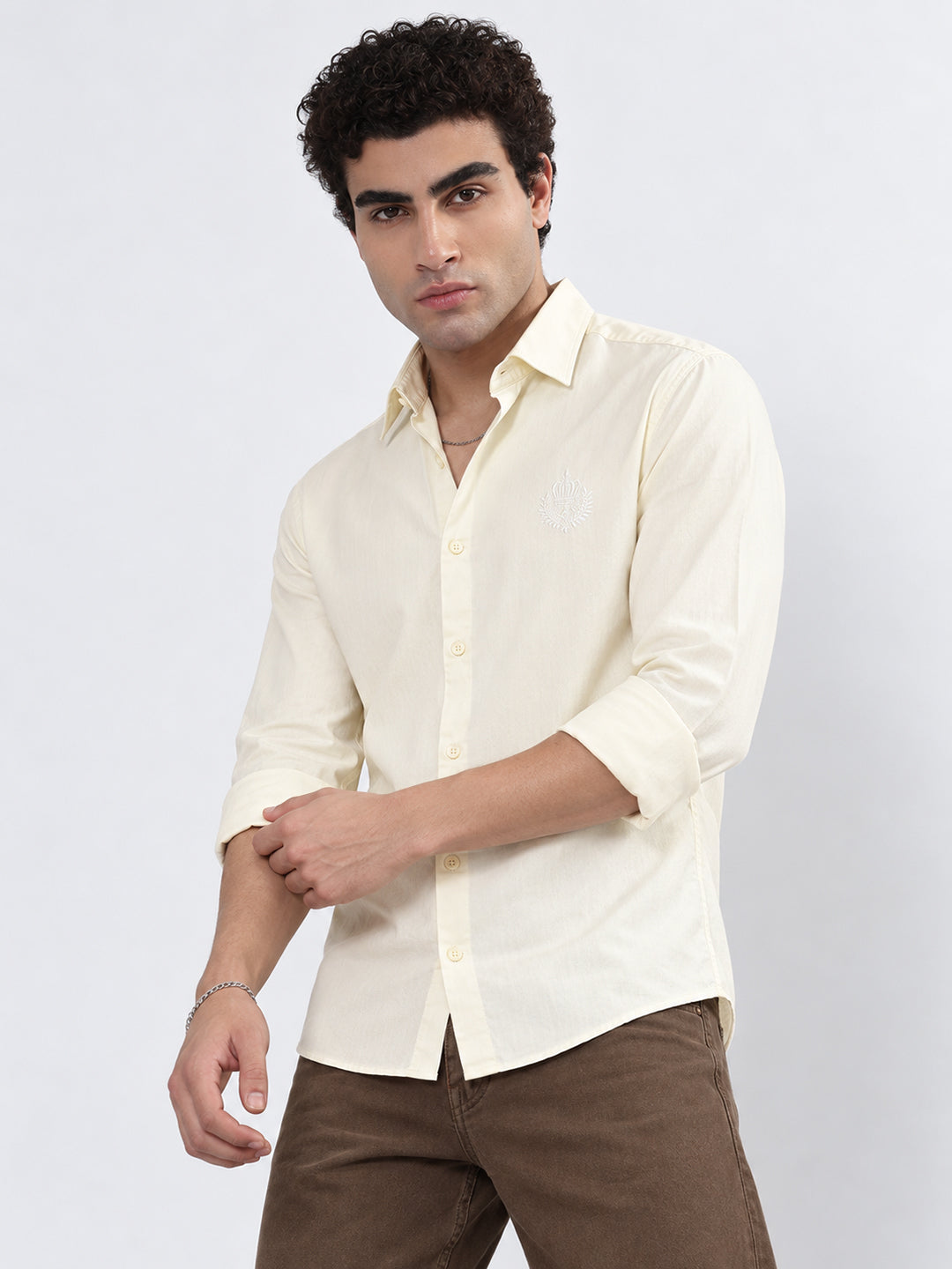 Men’s Cream Slim Fit Long Sleeve Shirt