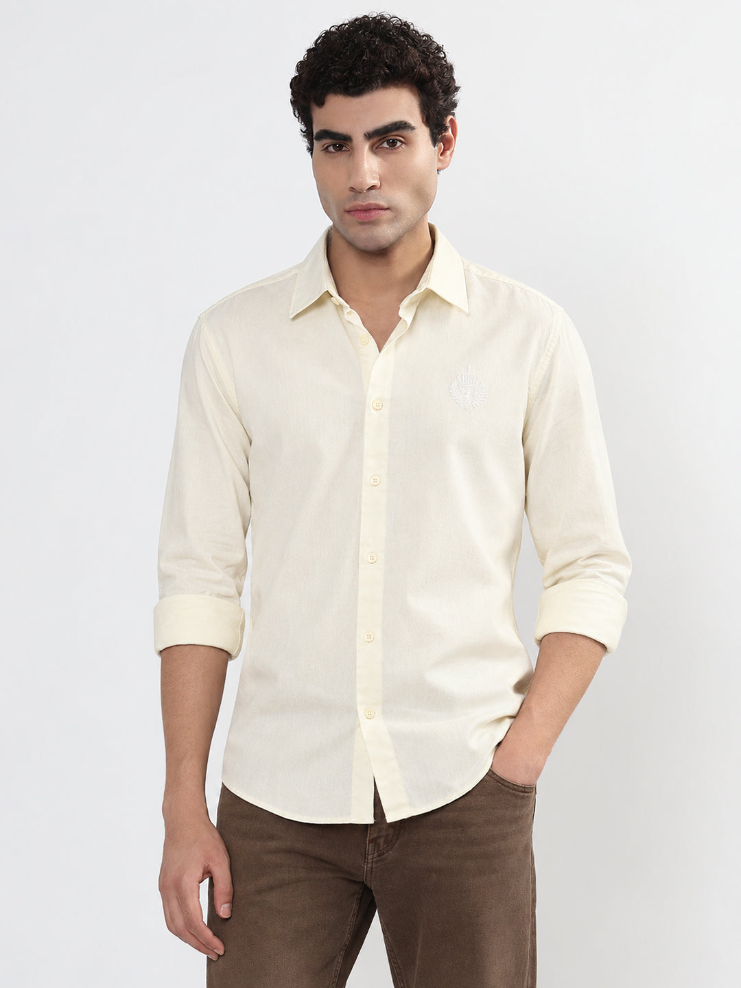 Men’s Cream Slim Fit Long Sleeve Shirt