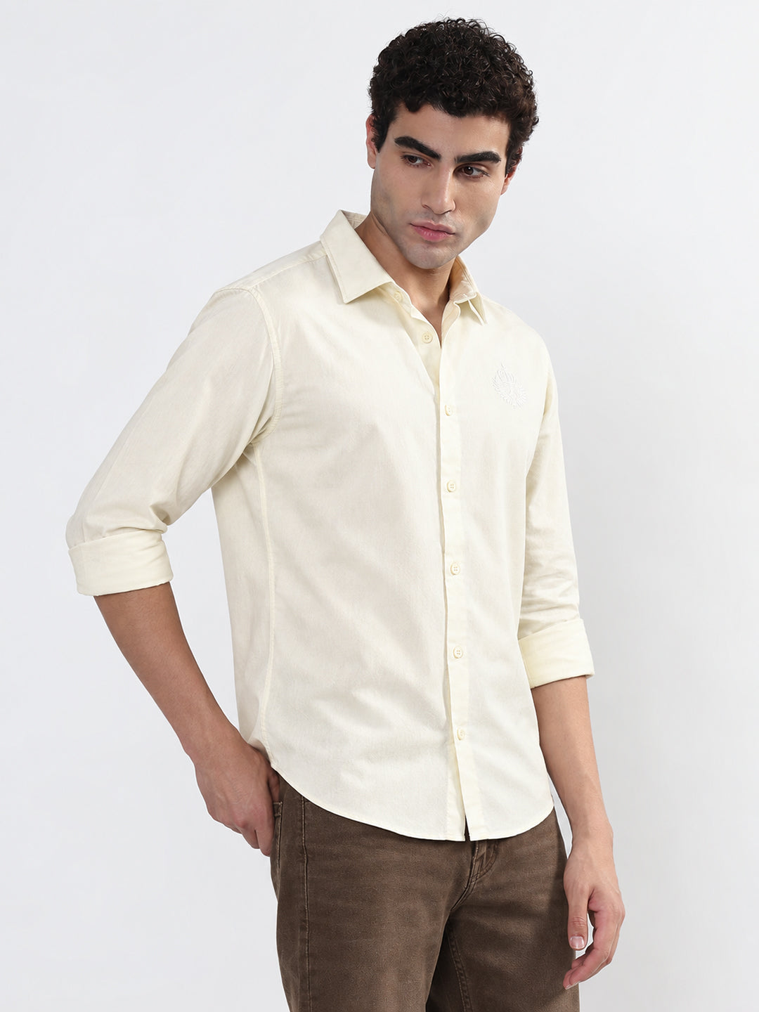 Men’s Cream Slim Fit Long Sleeve Shirt