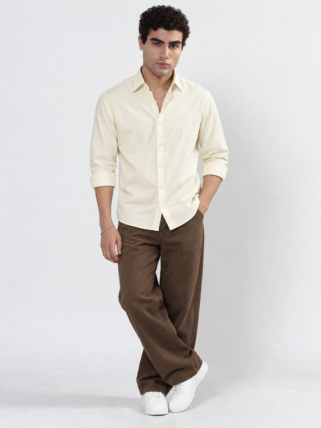 Men’s Cream Slim Fit Long Sleeve Shirt