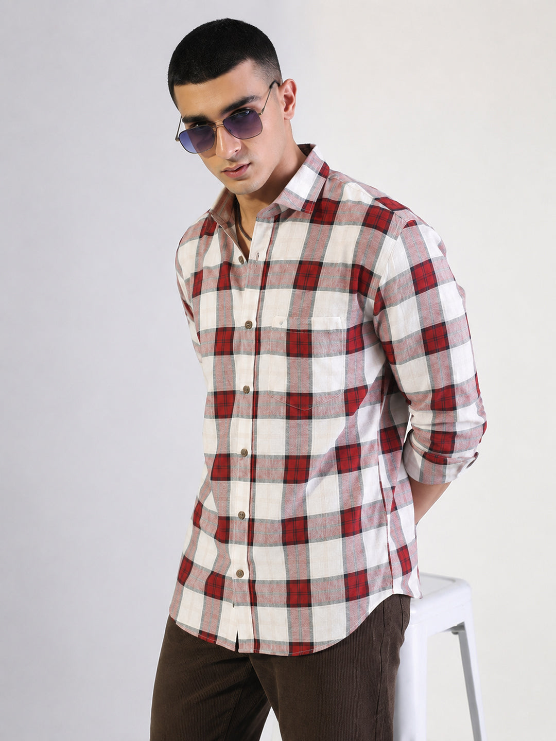 Men’s Tartan Checked Red Slim Fit Long Sleeves Shirt