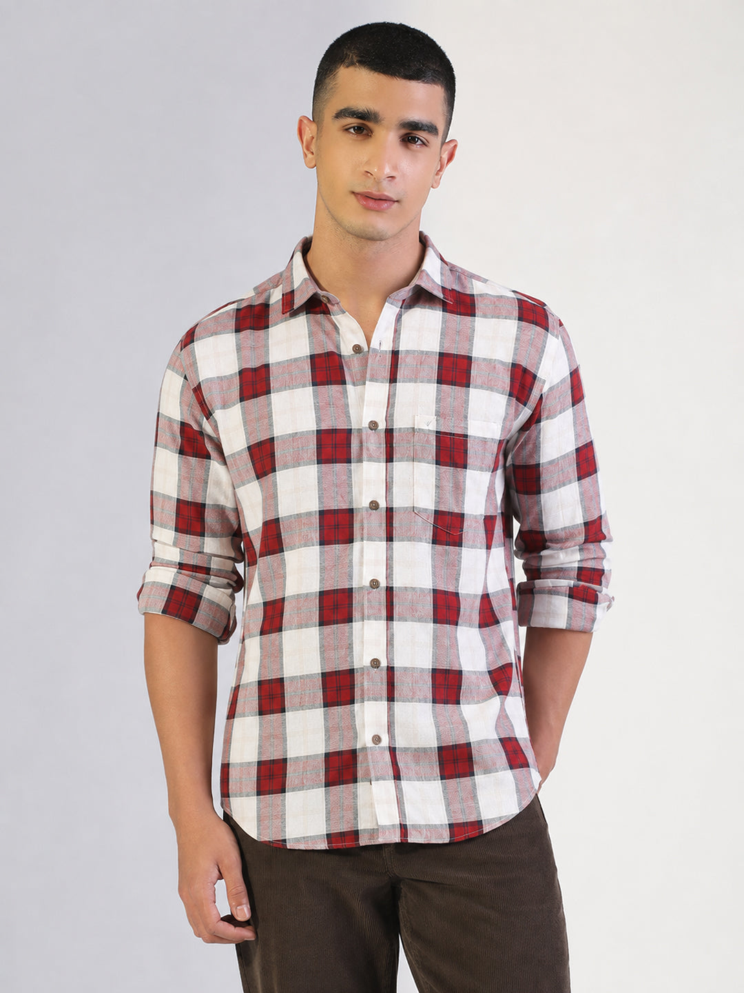 Men’s Tartan Checked Red Slim Fit Long Sleeves Shirt