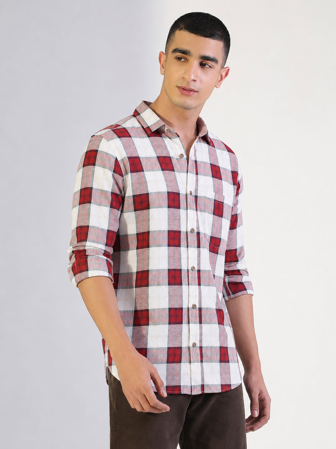 Men’s Tartan Checked Red Slim Fit Long Sleeves Shirt