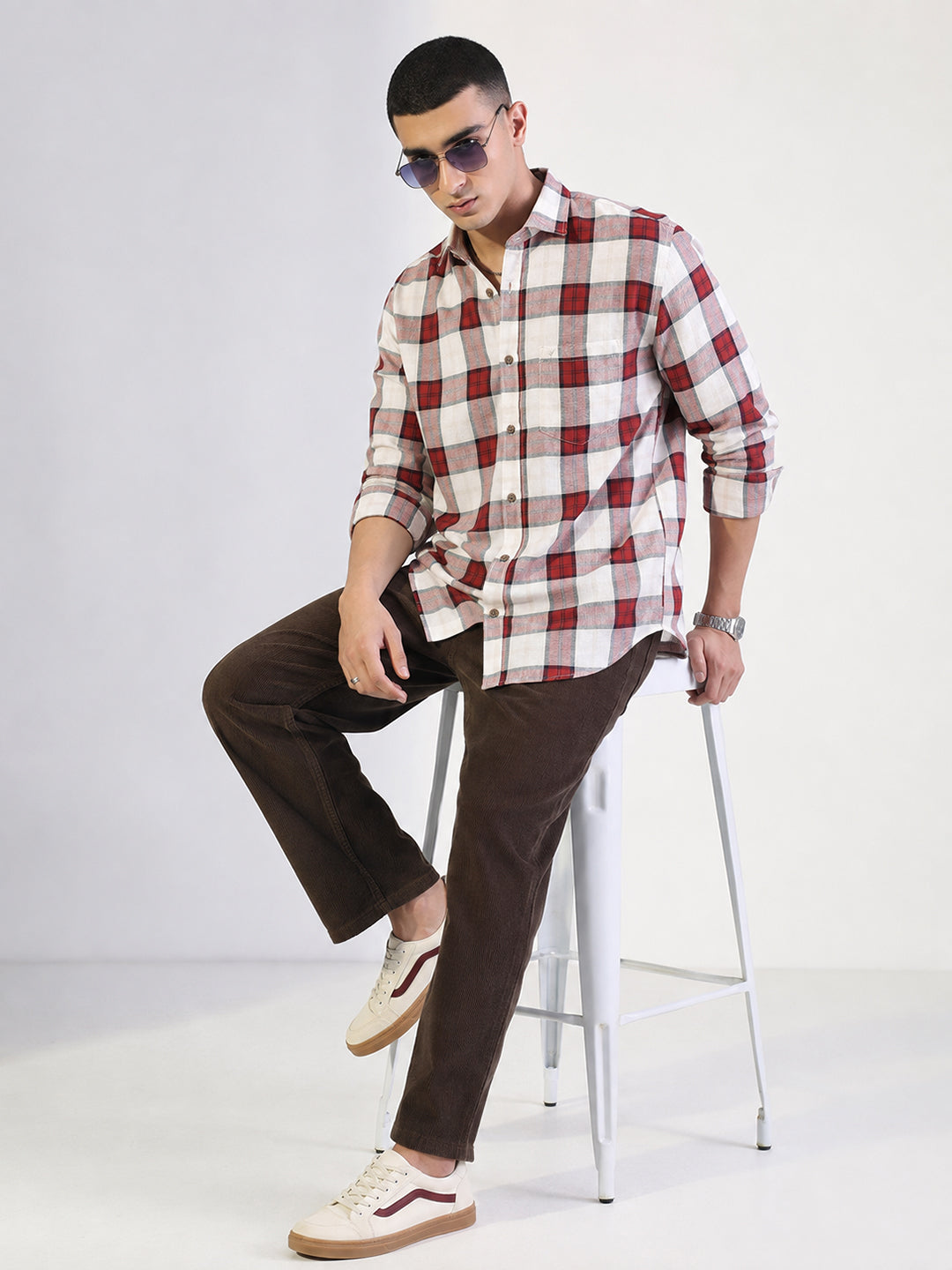 Men’s Tartan Checked Red Slim Fit Long Sleeves Shirt