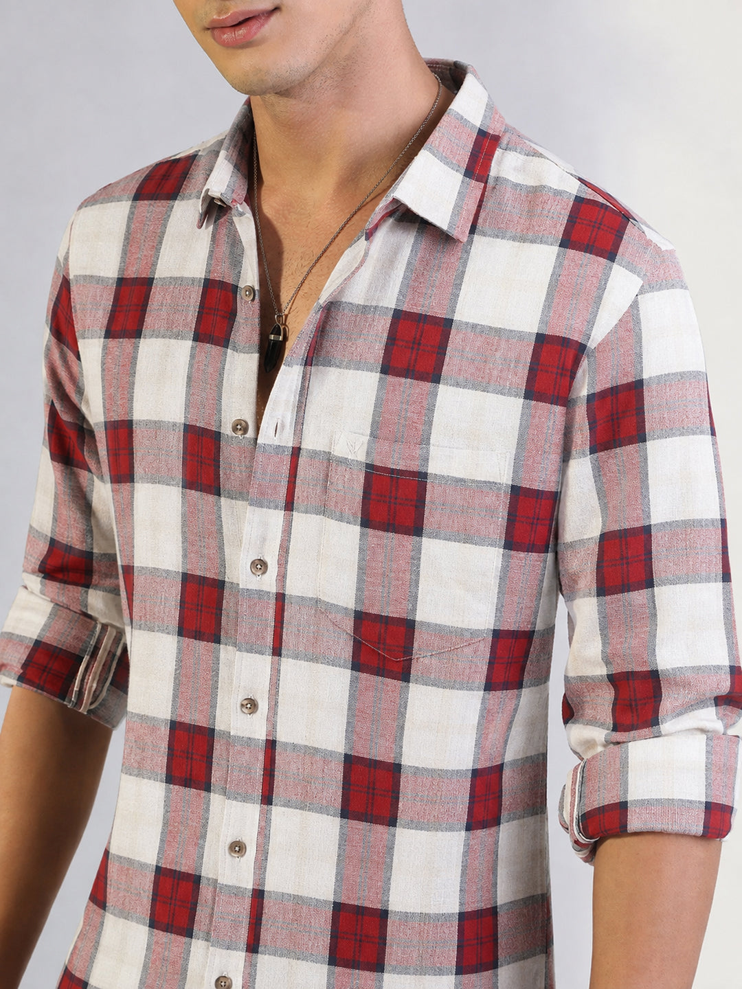 Men’s Tartan Checked Red Slim Fit Long Sleeves Shirt