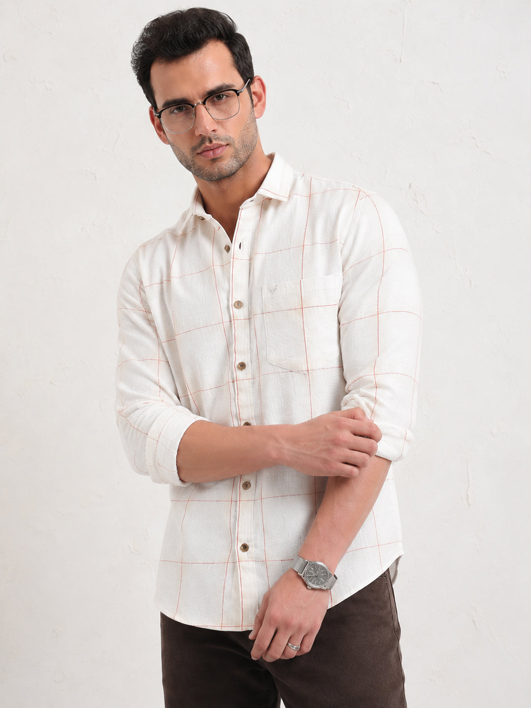 Men’s Windowpane Checked Beige Slim Fit Long Sleeves Shirt