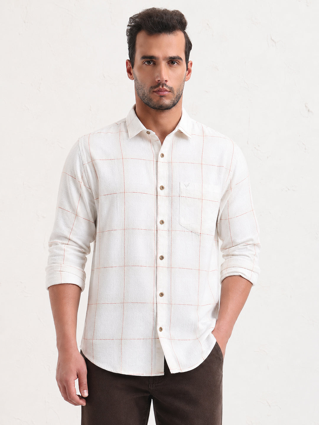 Men’s Windowpane Checked Beige Slim Fit Long Sleeves Shirt