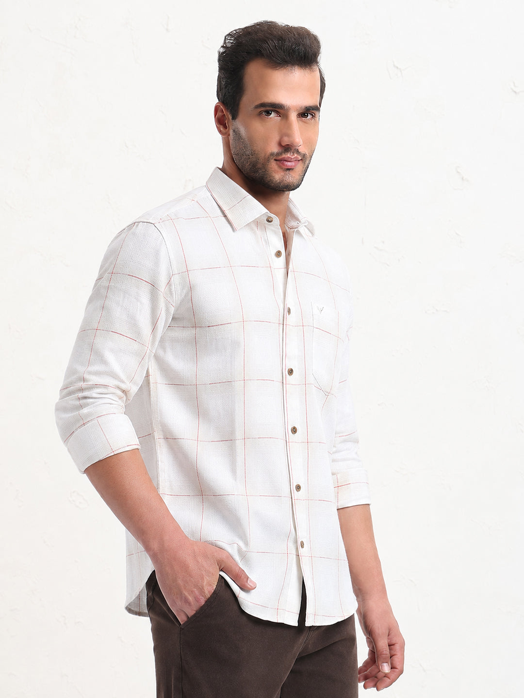 Men’s Windowpane Checked Beige Slim Fit Long Sleeves Shirt