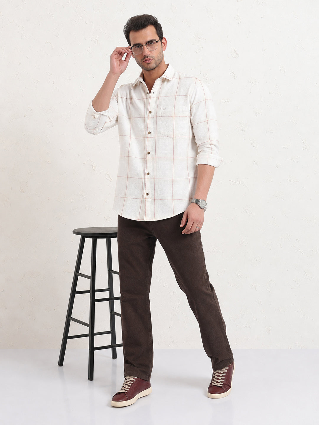 Men’s Windowpane Checked Beige Slim Fit Long Sleeves Shirt