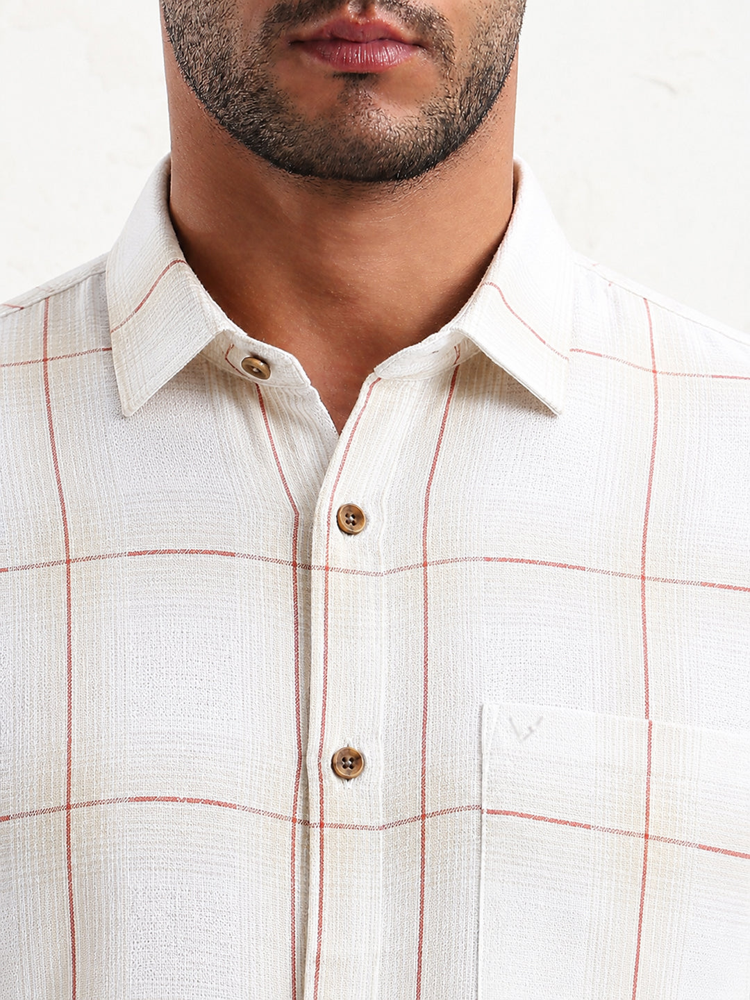 Men’s Windowpane Checked Beige Slim Fit Long Sleeves Shirt