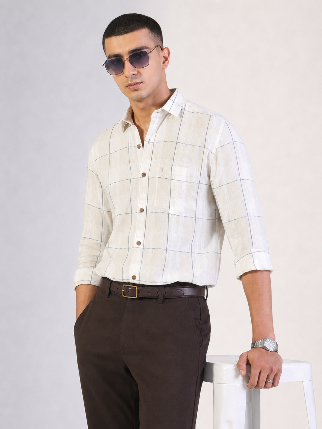 Men’s Windowpane Checked Off White Slim Fit Long Sleeves Shirt