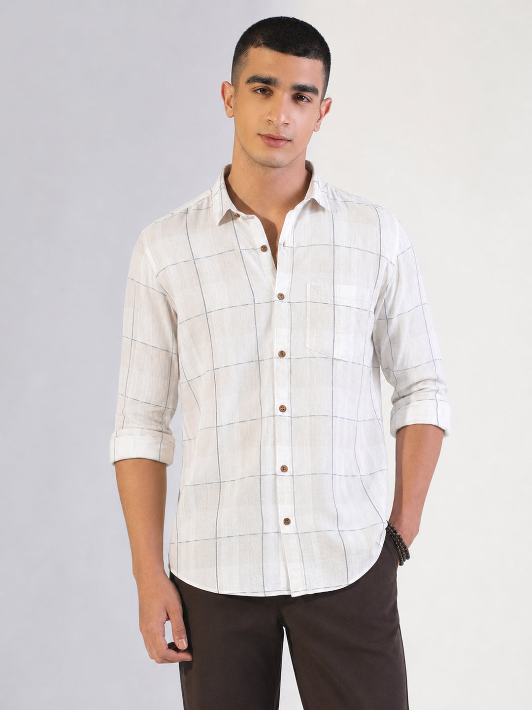 Men’s Windowpane Checked Off White Slim Fit Long Sleeves Shirt