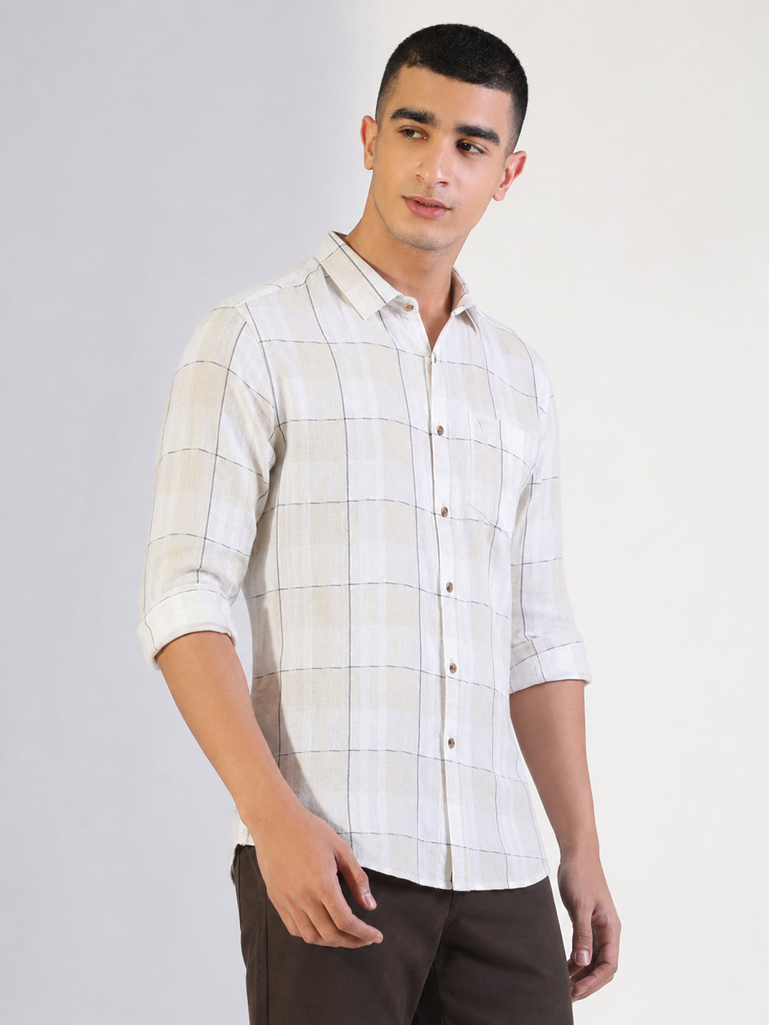 Men’s Windowpane Checked Off White Slim Fit Long Sleeves Shirt