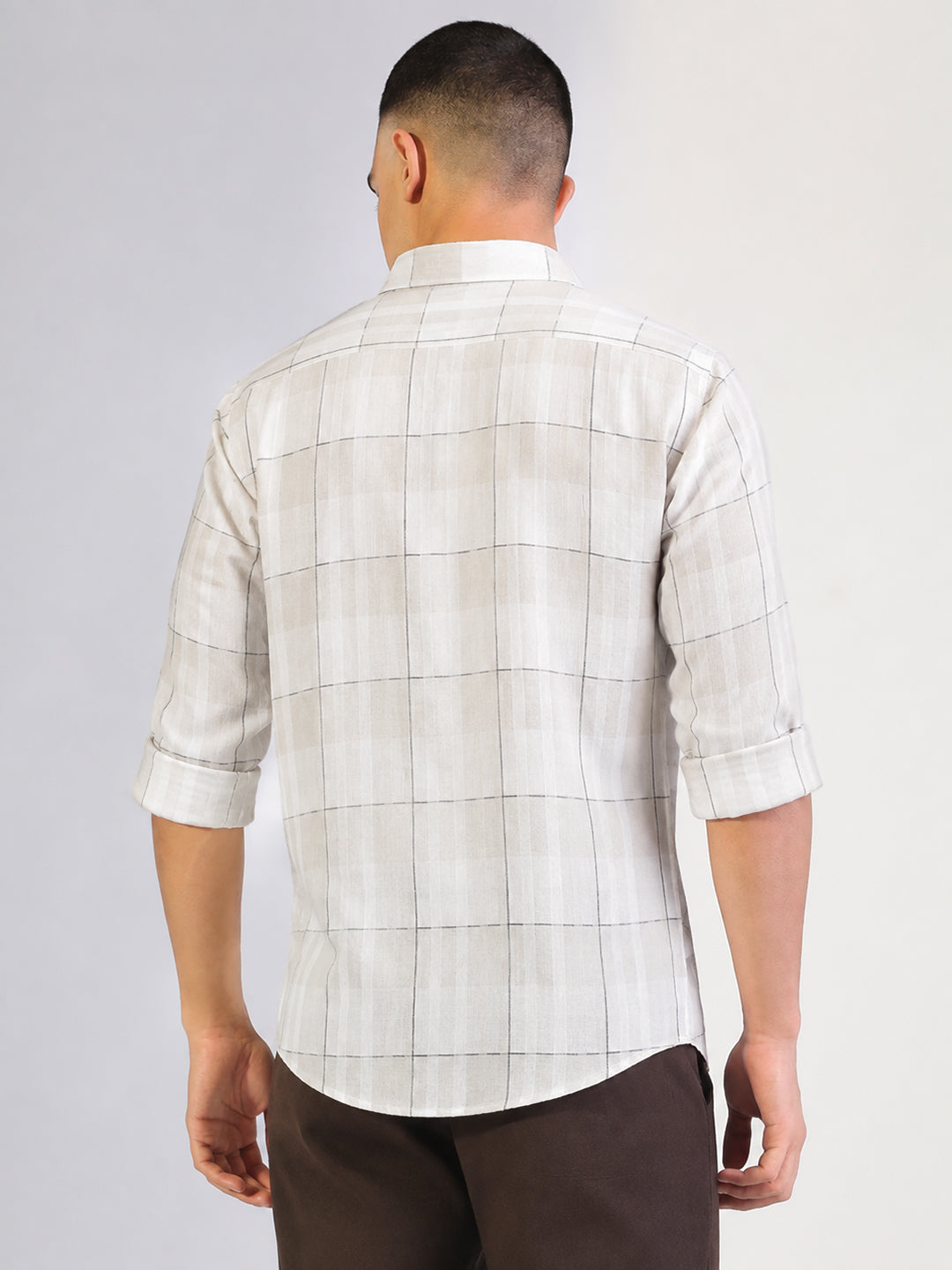 Men’s Windowpane Checked Off White Slim Fit Long Sleeves Shirt