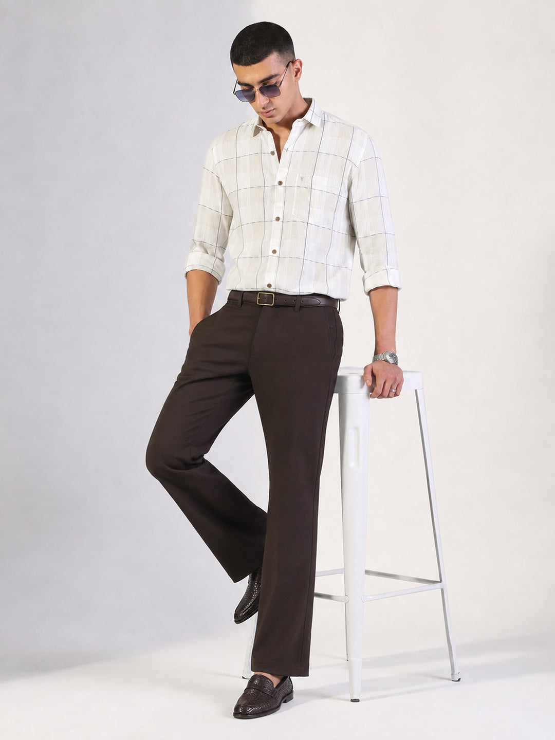 Men’s Windowpane Checked Off White Slim Fit Long Sleeves Shirt