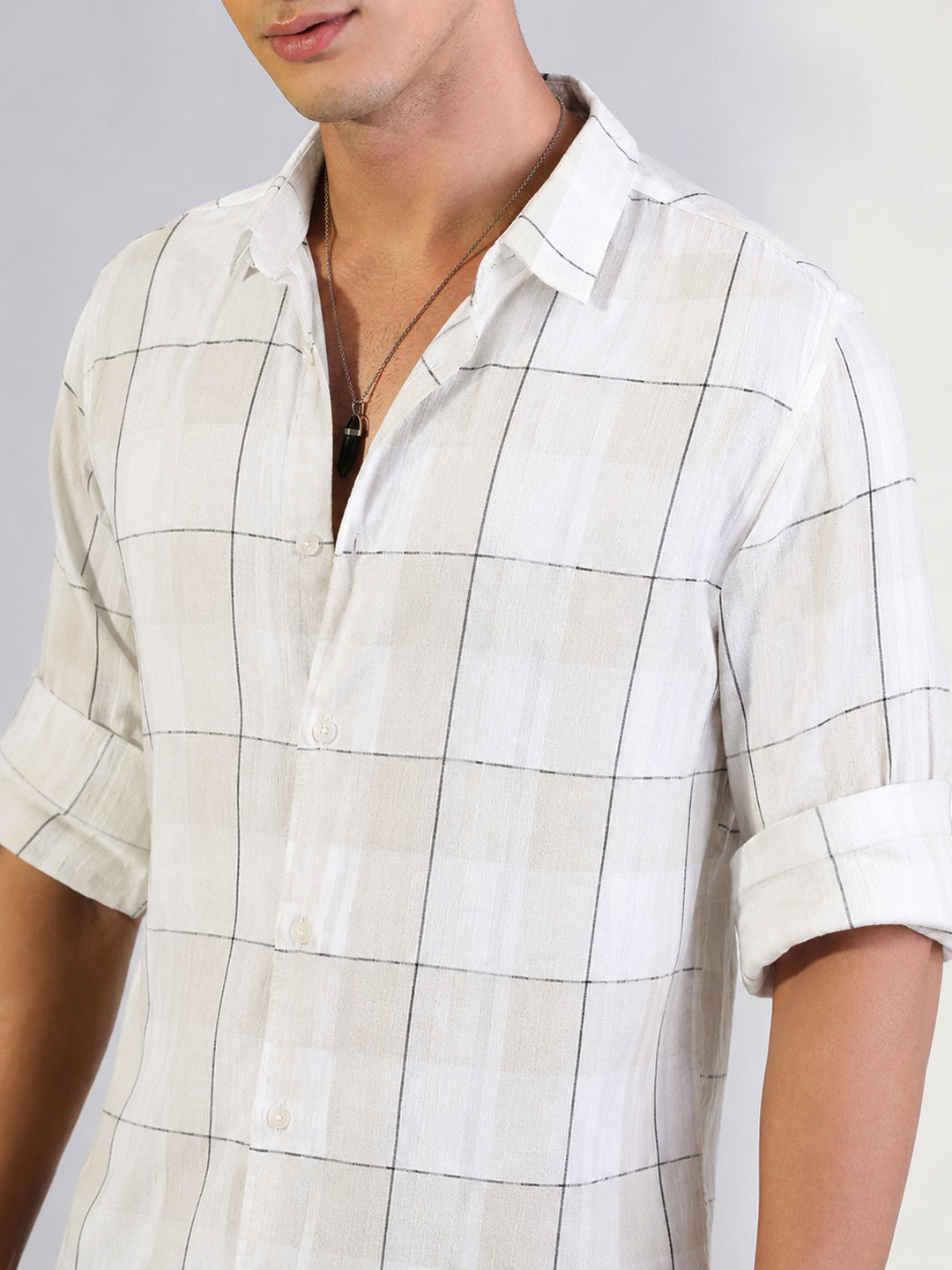 Men’s Windowpane Checked Off White Slim Fit Long Sleeves Shirt