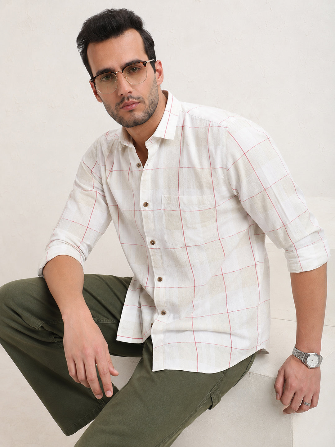Men’s Windowpane Checked Off White Spread Collar Long Sleeves Shirt