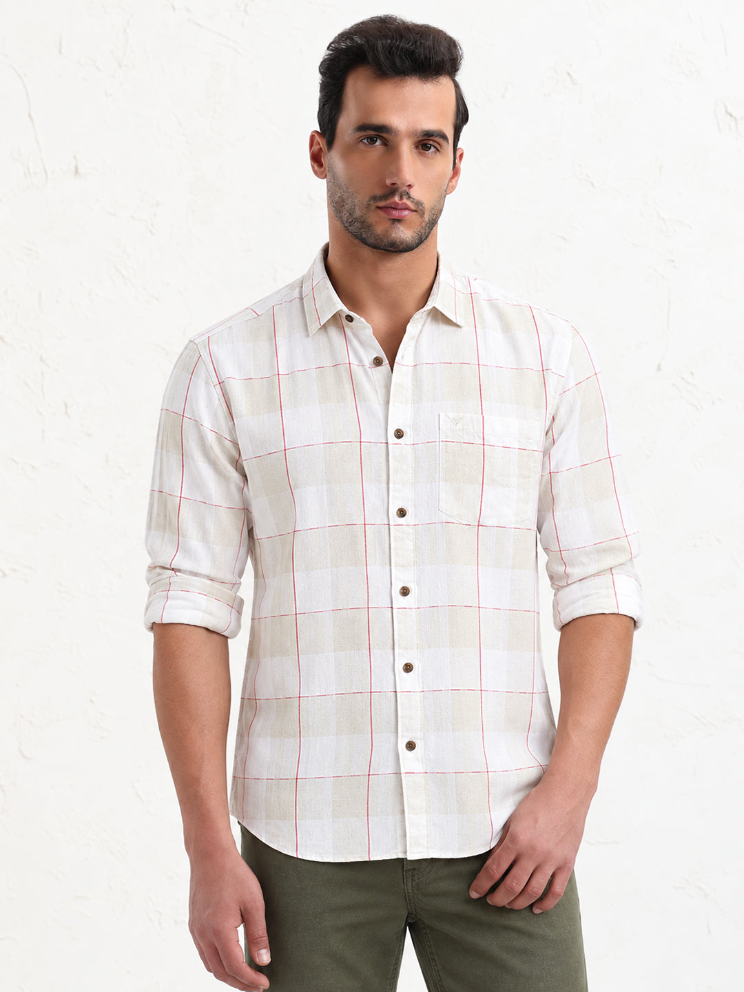 Men’s Windowpane Checked Off White Spread Collar Long Sleeves Shirt