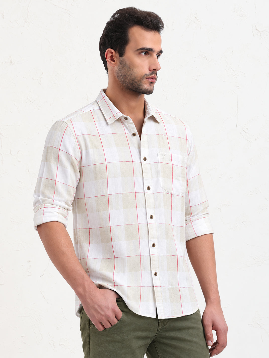 Men’s Windowpane Checked Off White Spread Collar Long Sleeves Shirt