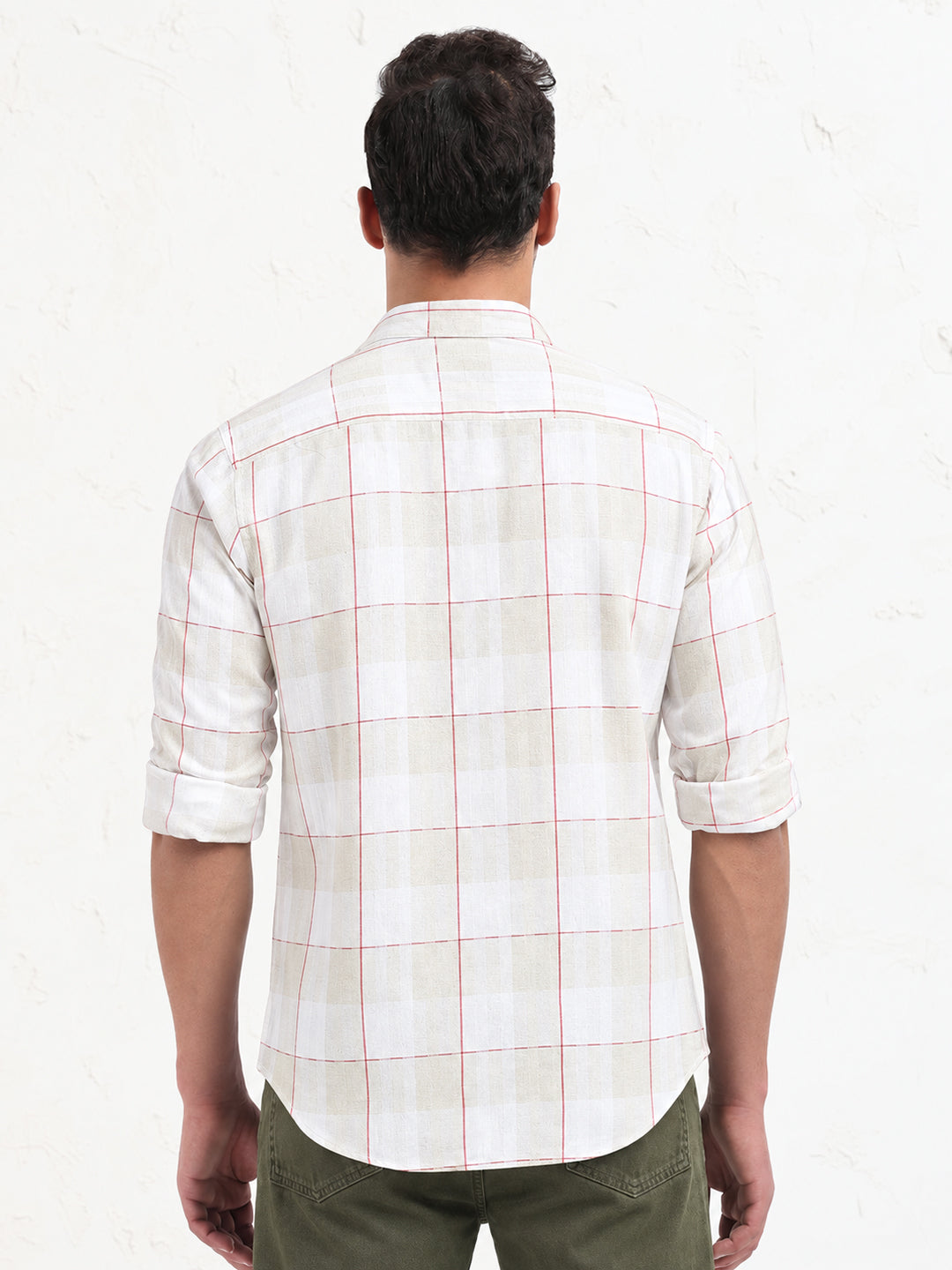 Men’s Windowpane Checked Off White Spread Collar Long Sleeves Shirt