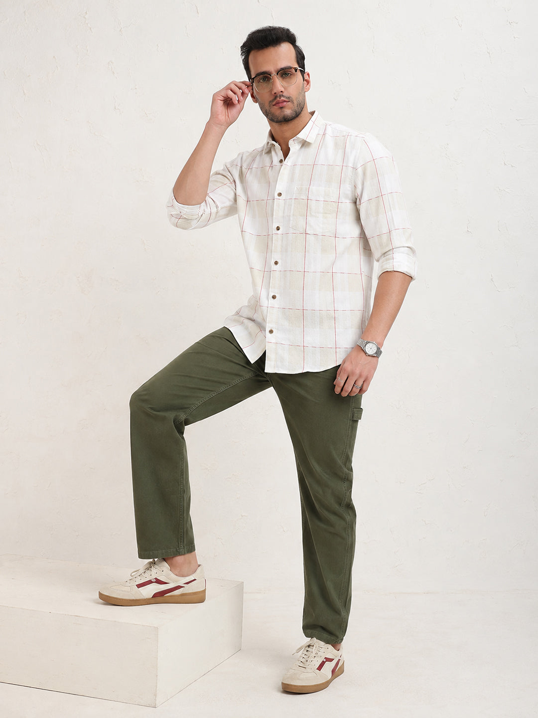 Men’s Windowpane Checked Off White Spread Collar Long Sleeves Shirt