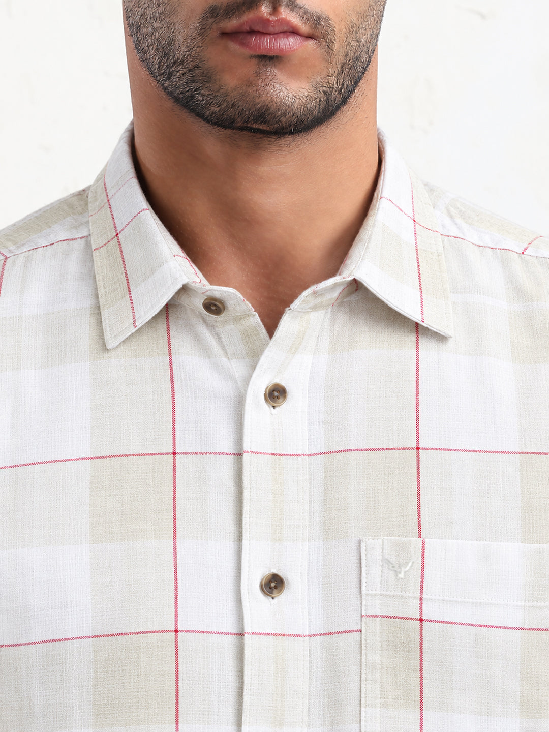 Men’s Windowpane Checked Off White Spread Collar Long Sleeves Shirt