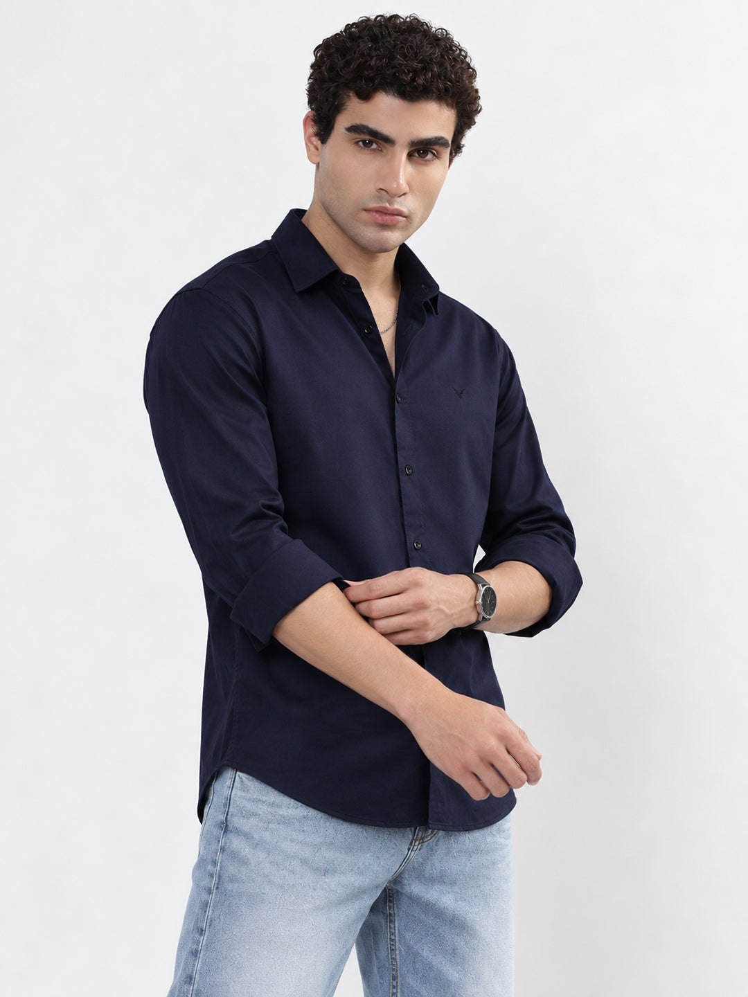 Men’s Navy Blue Slim Fit Long Sleeves Casual Shirt