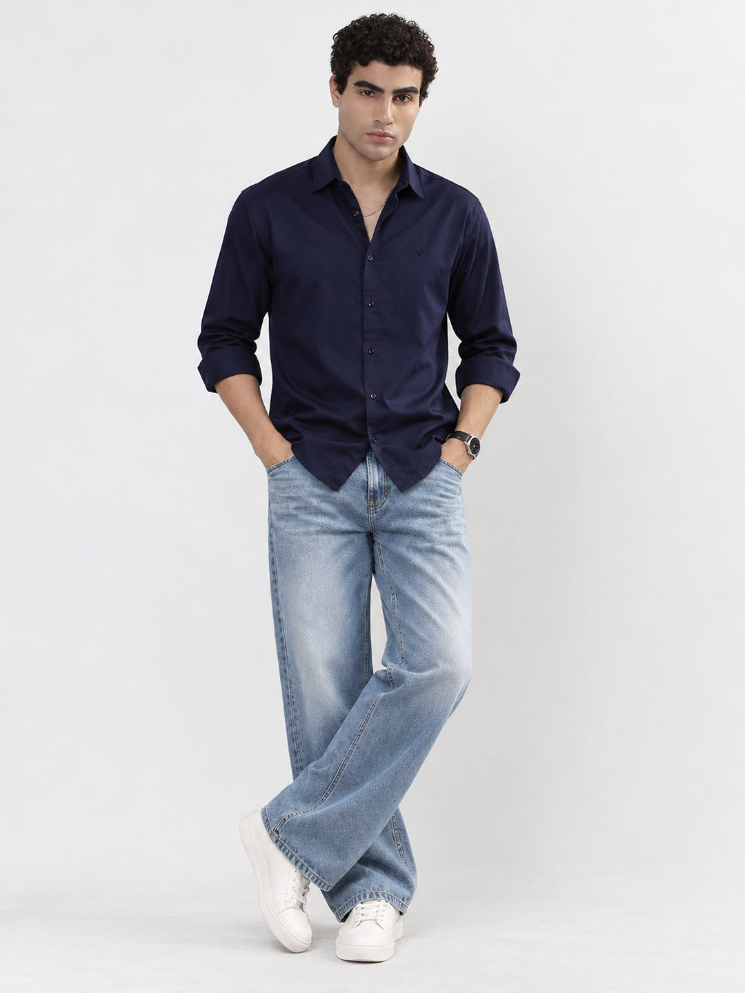Men’s Navy Blue Slim Fit Long Sleeves Casual Shirt