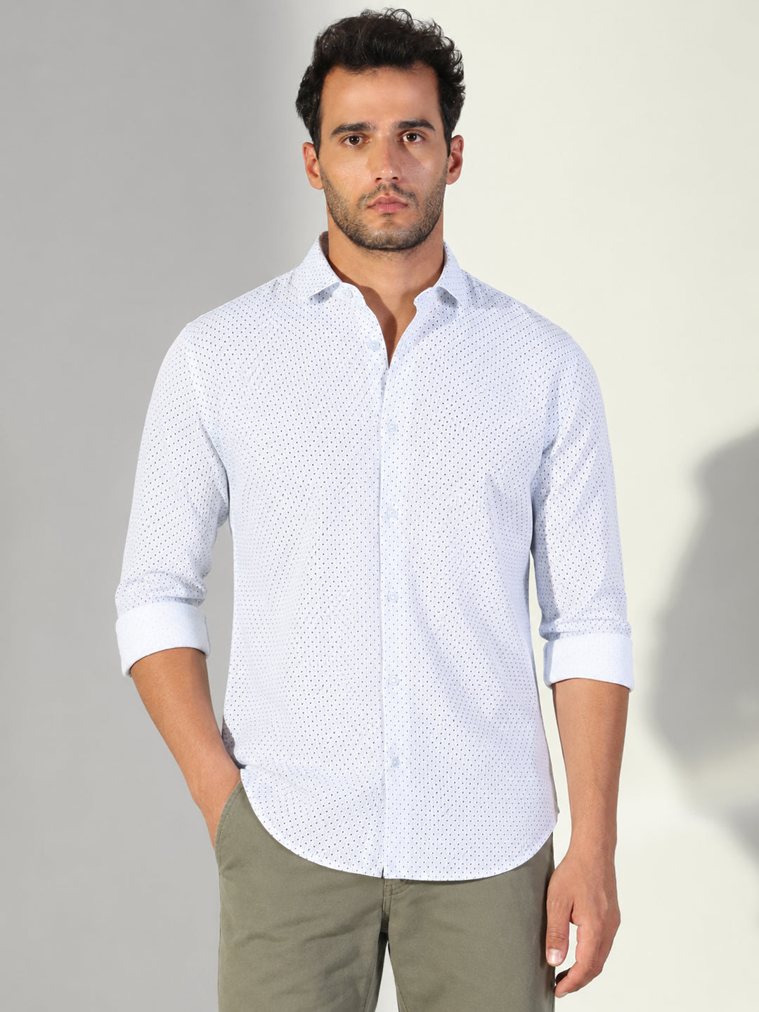 Men’s Polka Dot Print Off White Slim Fit Long Sleeves Shirt