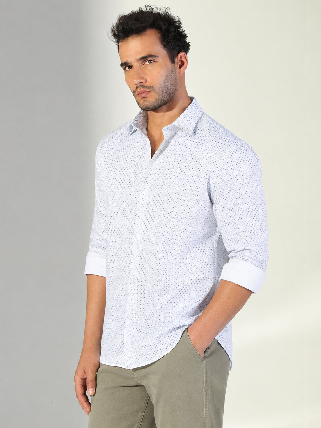 Men’s Polka Dot Print Off White Slim Fit Long Sleeves Shirt