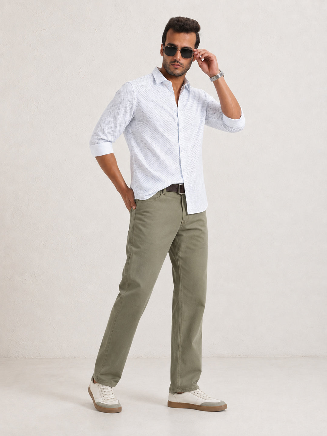 Men’s Polka Dot Print Off White Slim Fit Long Sleeves Shirt