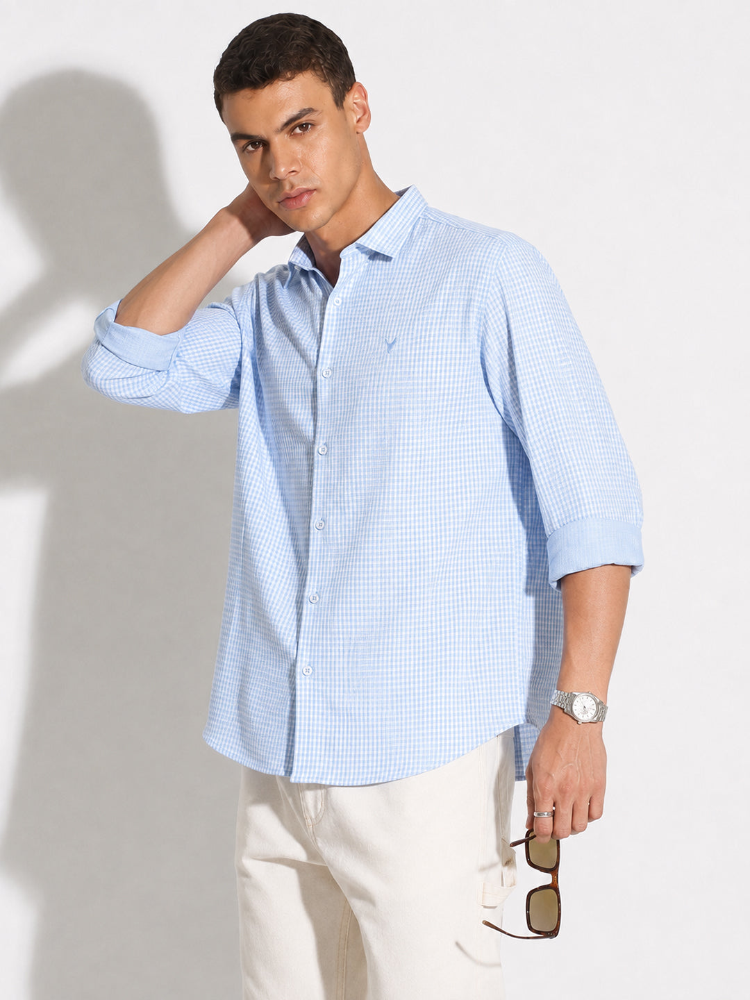 Men’s Micro Checks Blue Slim Fit Long Sleeves Shirt