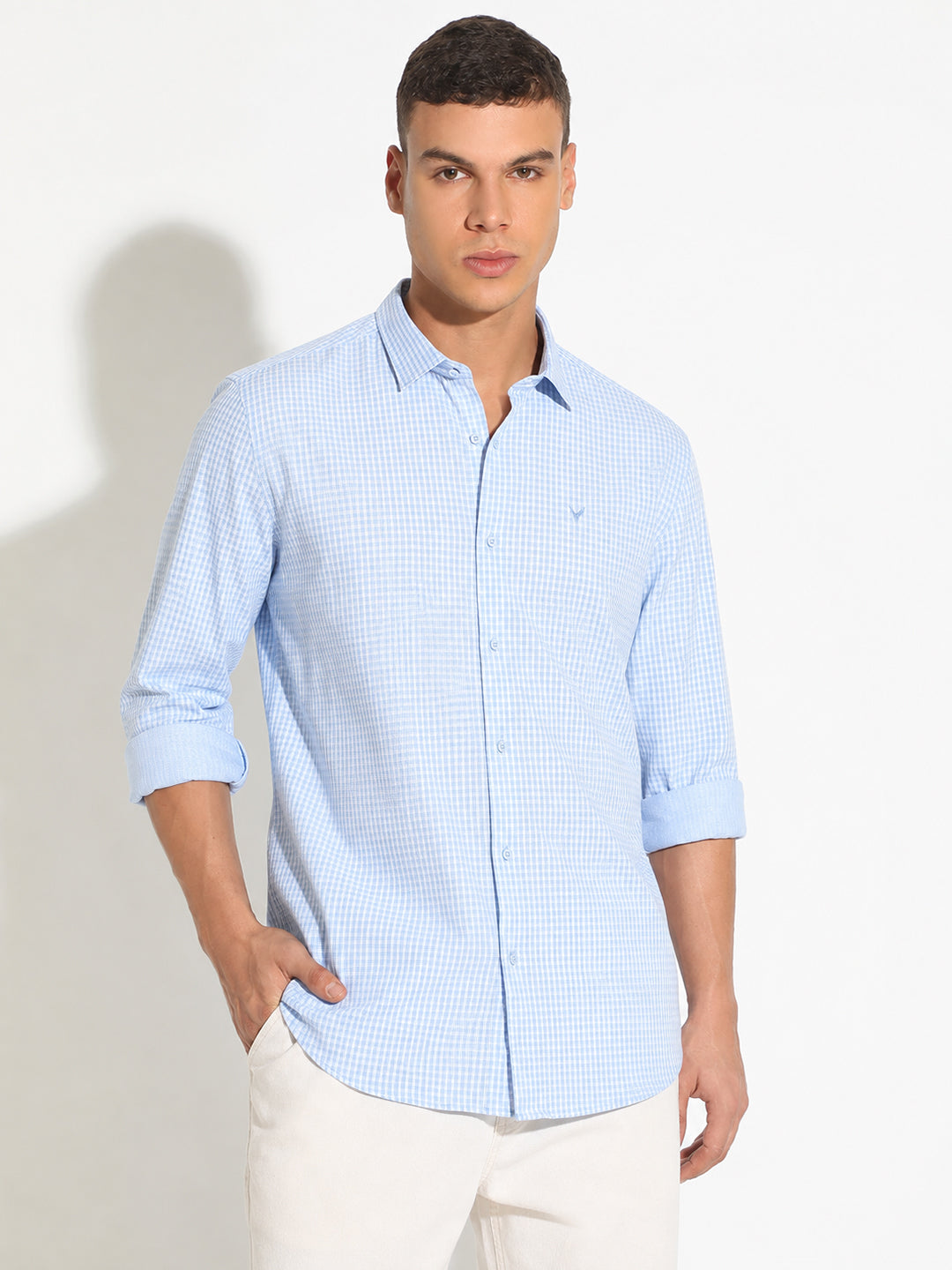 Men’s Micro Checks Blue Slim Fit Long Sleeves Shirt